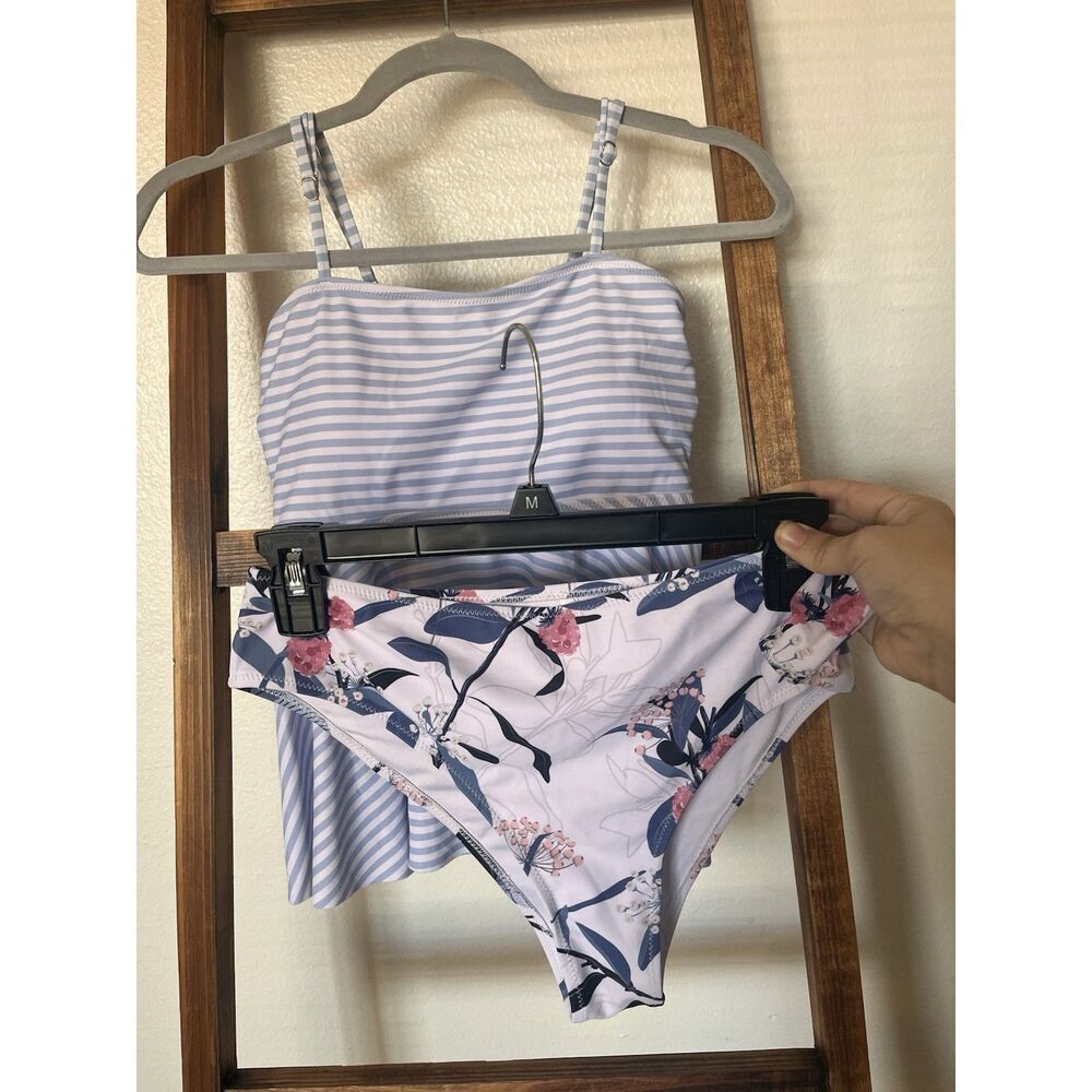beachsissi Striped Tankini Top & Floral Bikini Bottoms Adjustable Straps Size L